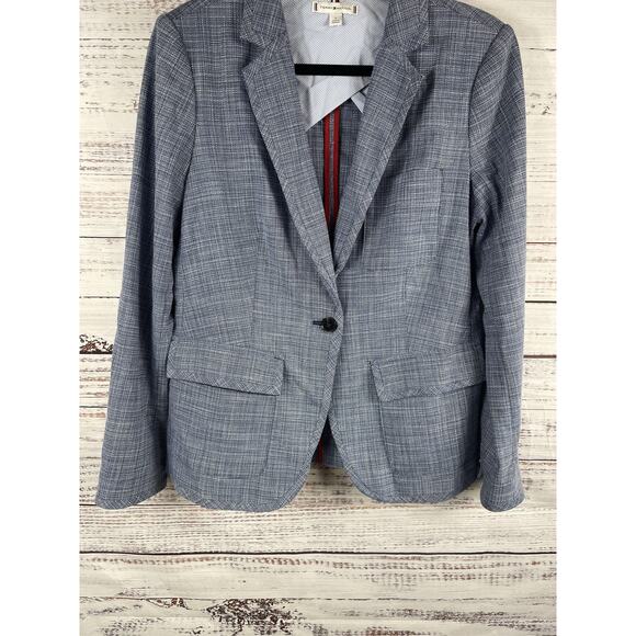 Tommy Hilfiger Blazer Womens 10 Blue Check One Button Lined Career Jacket Work - Picture 6 of 11